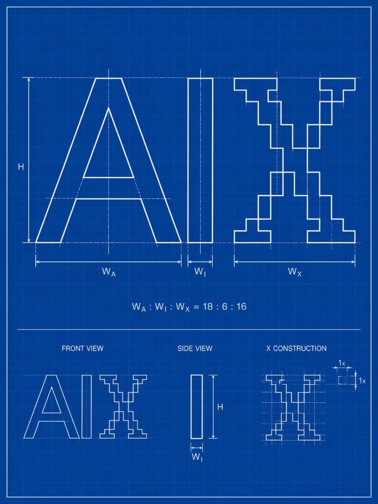 Blueprint poster for the AiX logotype on a dark blue grid: dimensioned front views of A, I, and a pixelated X with height H and width ratio 18:6:16, plus a side elevation and X construction diagram on a unit grid.