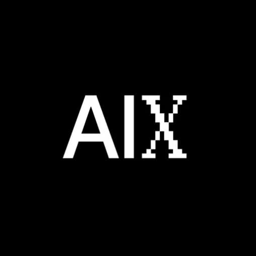 AiX logotype on a black square: white geometric sans-serif A and I beside a stepped, pixelated X.