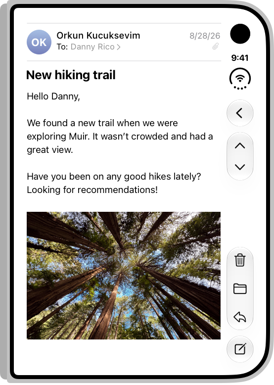 Mail on the outer display of iPhone Duo, showing the contents of an email.