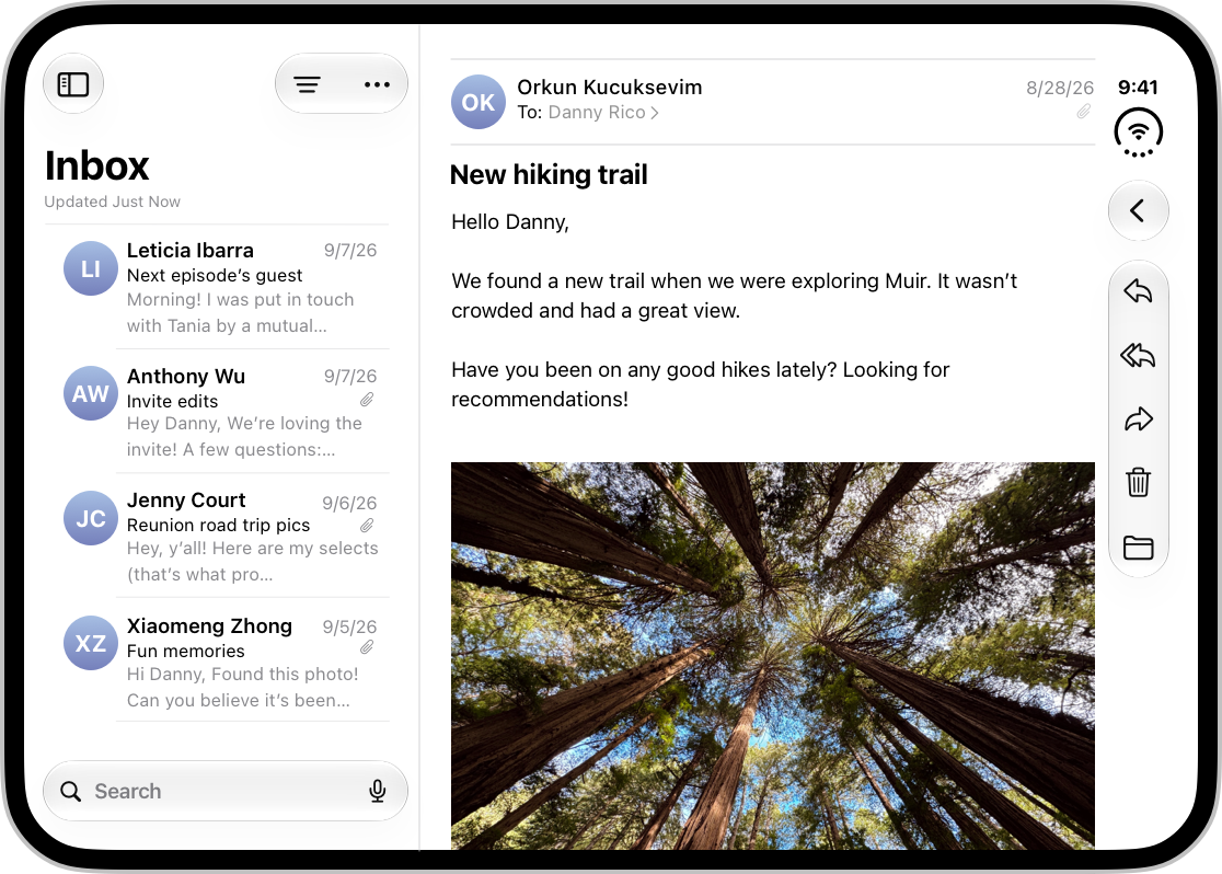 Mail on the inner display of iPhone Duo, showing a list of emails on the leading side and the contents of an email on the trailing side.