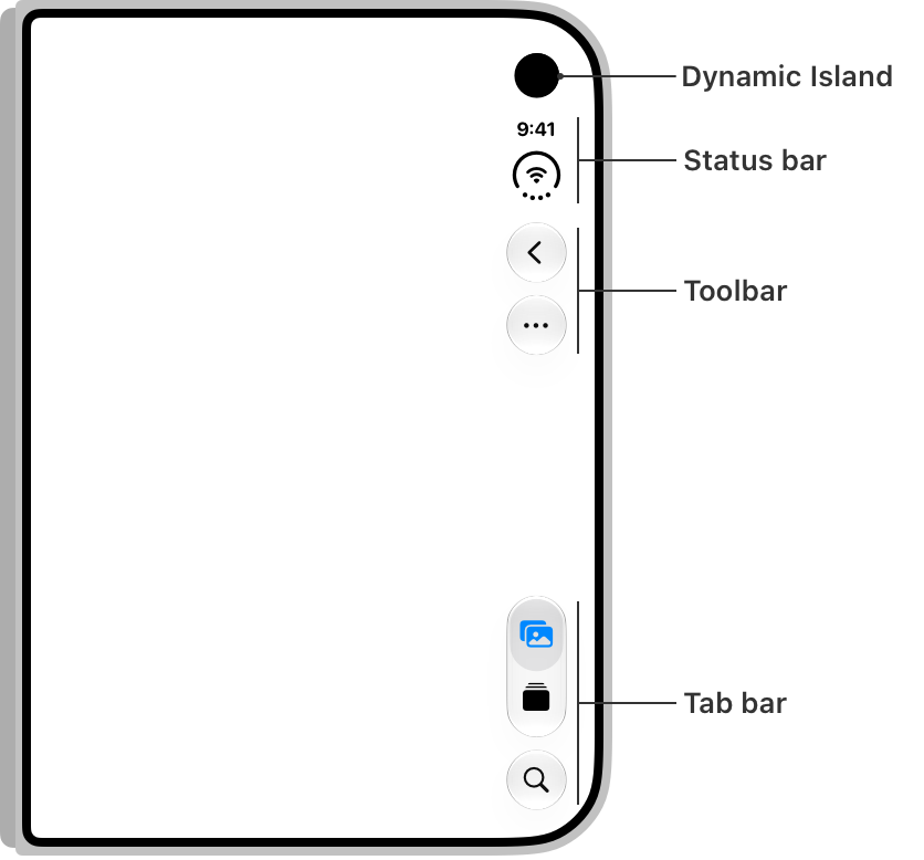 A diagram of the outer display on iPhone Duo, with vertical elements on the trailing edge labelled for Dynamic Island, status bar, toolbar, and tab bar from top to bottom.