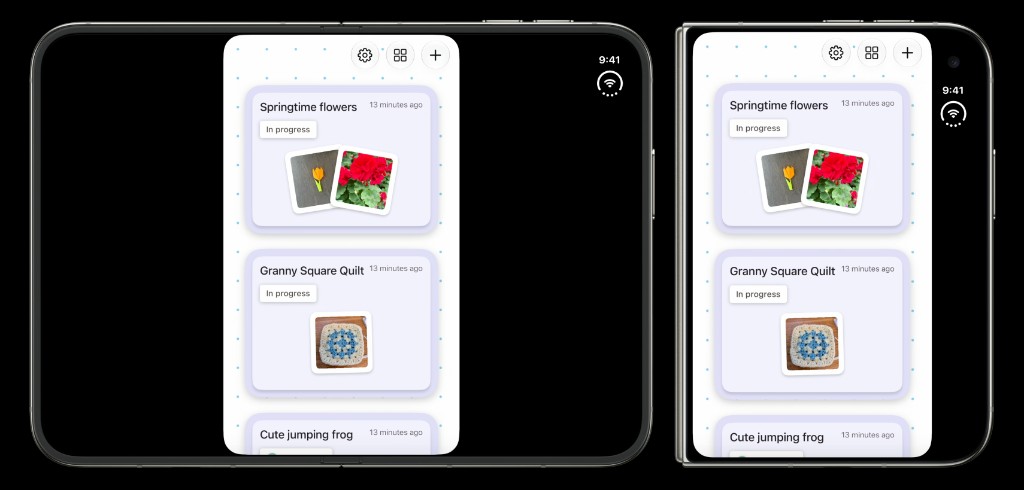 A craft-tracking app letterboxed on iPhone Duo’s inner display, with large black bars on both sides, and the same app on the outer display with unused space on the right.